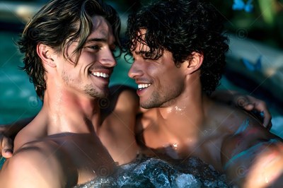 Two shirtless men grin at one another in a pool under cool blue evening light