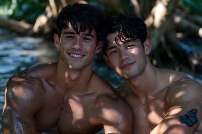 Shoulders touching in a shady stream, two shirtless men grin together