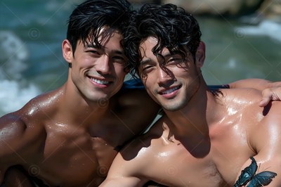 Two shirtless men smile together with wet black hair in bright sunlight by the sea