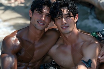 On a sunny beach, two shirtless men smile closely side by side