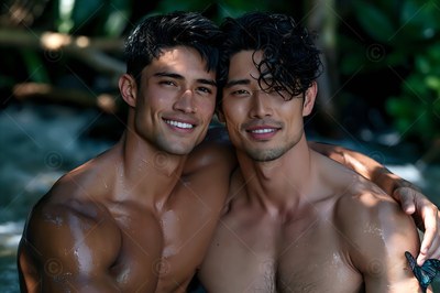 Smiling together, two shirtless men with wet dark hair embrace outdoors in soft shade