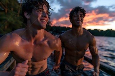 Wet hair clinging to their foreheads, two shirtless men run on a pier by a lake at dusk