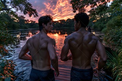 Two shirtless men walking on a wooden dock at sunset