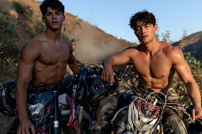 Two shirtless men sit on dirt bikes on a hillside under warm late-afternoon sunlight