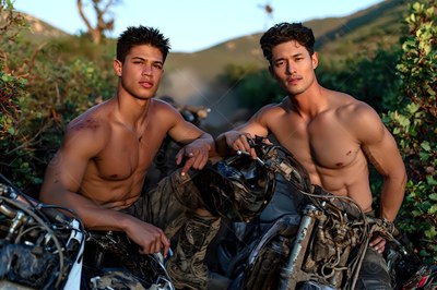 Crouching side by side on a dirt path, two shirtless men lean on motorcycles