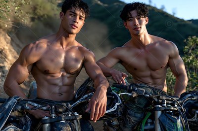 Two shirtless men lean on dirt bikes on a sunny trail