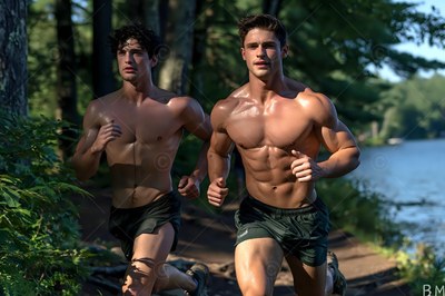 Jogging along a wooded lake trail, two shirtless muscular men wear dark shorts