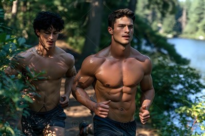 Two shirtless men jogging on a forest trail near a lake
