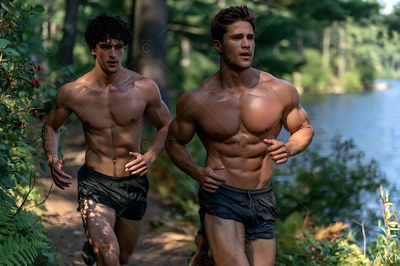 Bare-chested in black shorts, two athletic men run along a shaded forest trail beside a lake