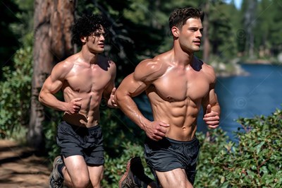 Two muscular shirtless men run along a wooded lake trail in bright natural sunlight