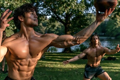 Reaching upward with one arm in a sunny park, a shirtless muscular man catches a ball