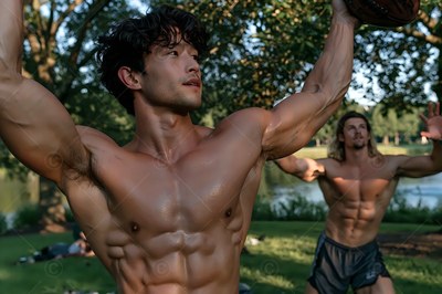 Two muscular shirtless men toss a football outside on the green grass
