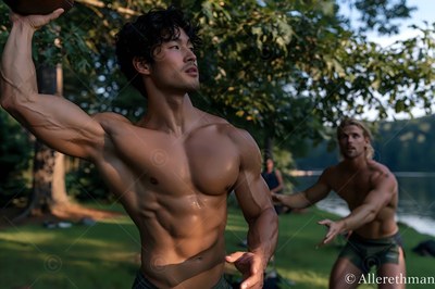 By a lake, a shirtless muscular man raises his arm as another man reaches toward him outdoors