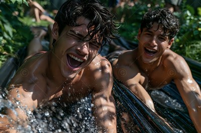 Wet dark hair clings to two shirtless men laughing on a water slide outdoors