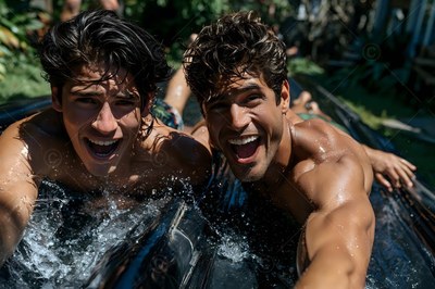 Two shirtless men slide down a wet plastic tarp, smiling under bright sunshine