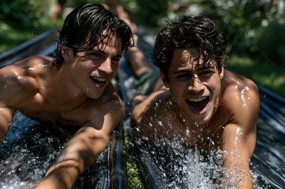 Sliding on their stomachs outside, two shirtless men laugh on a water slide