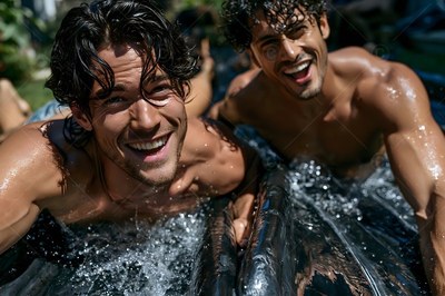 Two shirtless men laugh as they slide through splashing water together in the sun