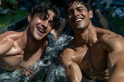In a water slide, two wet shirtless men smile together