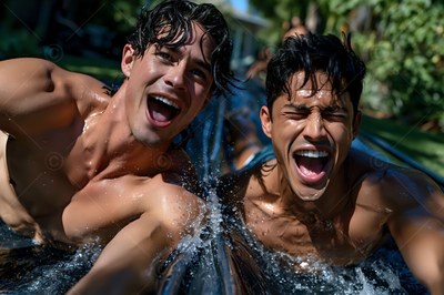 Two wet, shirtless men laughing on a water slide in the sun