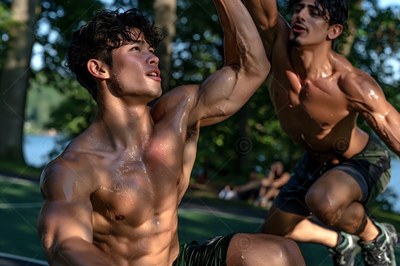 Two muscular shirtless men play on an outdoor court, bright sunlight catching their wet skin