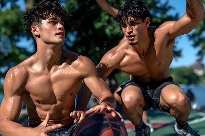 Crouching low on an outdoor court, two shirtless men play basketball