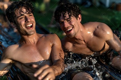 On a sunny lawn, two shirtless wet men laugh together on a water slide