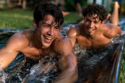 Wet dark hair clings to two shirtless men sliding down a water slide on a lawn