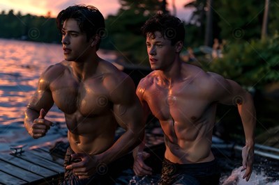 Two shirtless men run together along a wooden dock beside a lake at dusk