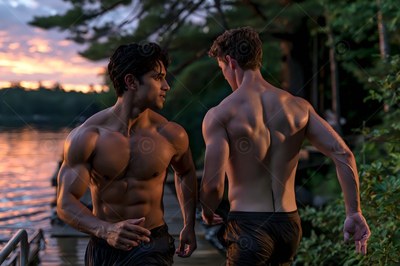 By a lake at sunset, two shirtless muscular men jog along a wooden dock