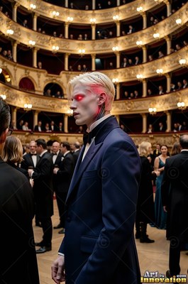In an opera house, a white-skinned blond man with dark red eyes wears a dark blue suit