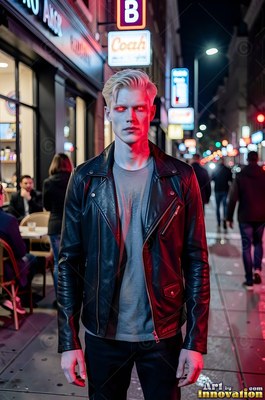 Standing on a night street, a pale fair-haired man in a leather jacket stares with red eyes
