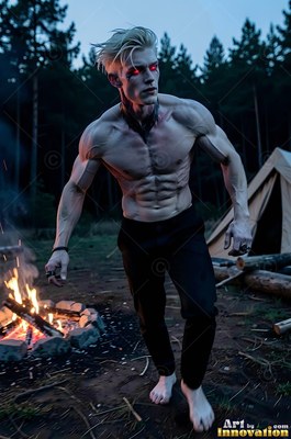 A shirtless blond man with red eyes stalks past a campfire