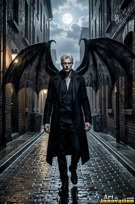 Large bat wings spread behind a blond man in a black overcoat on a rainy cobblestone alley under a full moon