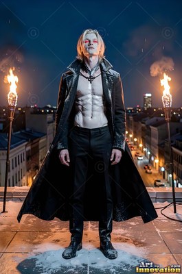 A pale man stands on a rooftop between fiery torches under a deep blue night sky