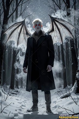 Standing in a snowy forest, a blond man with bat wings and red eyes wears a dark coat