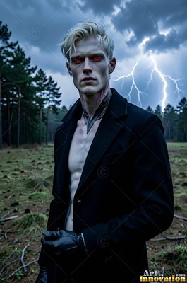A pale blond man with blood-red eyes stands in an open coat before lightning