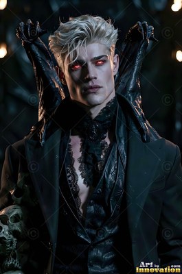 In the dark, a blond man whose eyes are red stands with bat wings behind his neck
