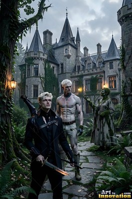 Holding a dagger on a stone path, two blond men pause outside a gray castle