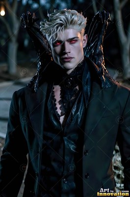 A yellow-haired man with red eyes stands outside in a dark coat