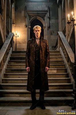 A long brown coat on a pale blond man standing on a stone staircase by candlelight
