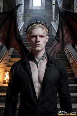 A blond winged man stands on stone stairs in dim castle light with red eyes