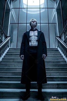Standing on marble stairs, a pale yellow-haired man in an open dark coat looks up