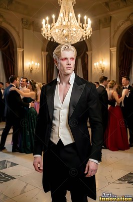 A blond red-eyed man stands in a black suit under a chandelier at a ball