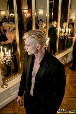 In a mirrored ballroom, a blond man whose eyes are red wears an open black suit