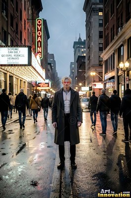 Standing on a wet city street, a pale yellow-haired man in an open dark coat stares ahead