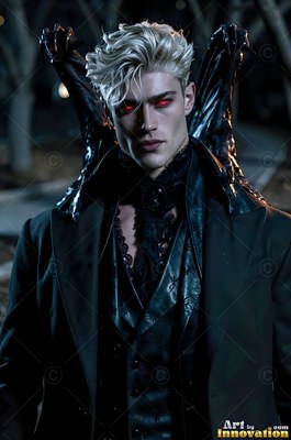 Blond vampire man with red eyes wears a black coat at night