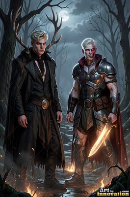 Antlers rise behind a blond man in a dark coat standing with an armored warrior in a moonlit forest