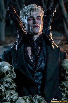 A blond man sits behind skulls with wings behind his shoulders in cool blue light