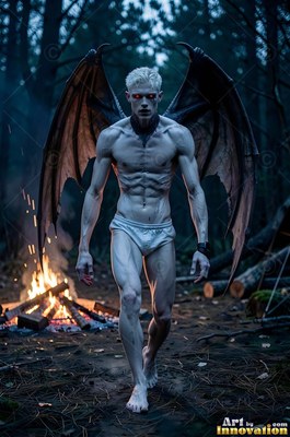 Walking forward in a dark pine forest, a pale winged man nears a small fire