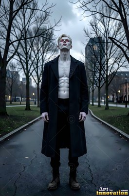 A pale fair-haired man in an open jet-black coat stands on a wet city park path